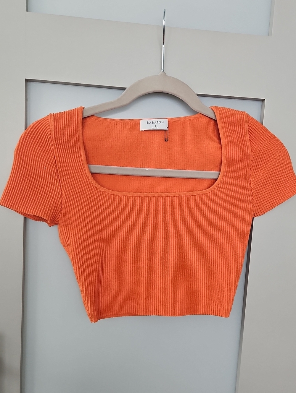 Babaton Bright Orange Ribbed Square-Neck Crop Top